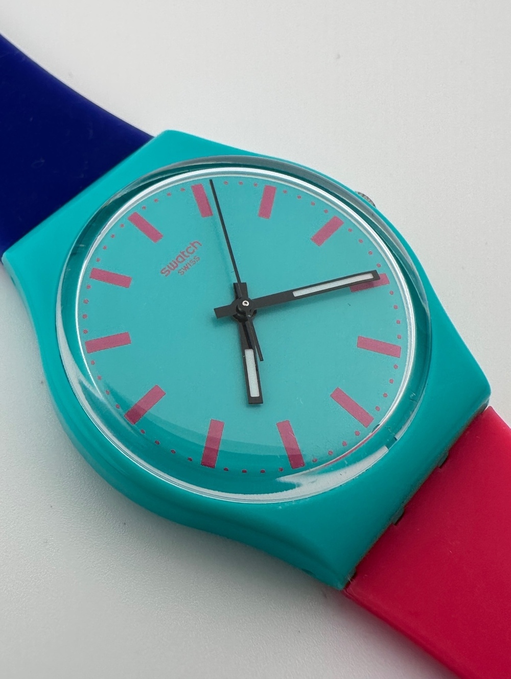 Vintage 1990s Swatch Watch 35mm Turquoise Pink Blue Swiss Quartz